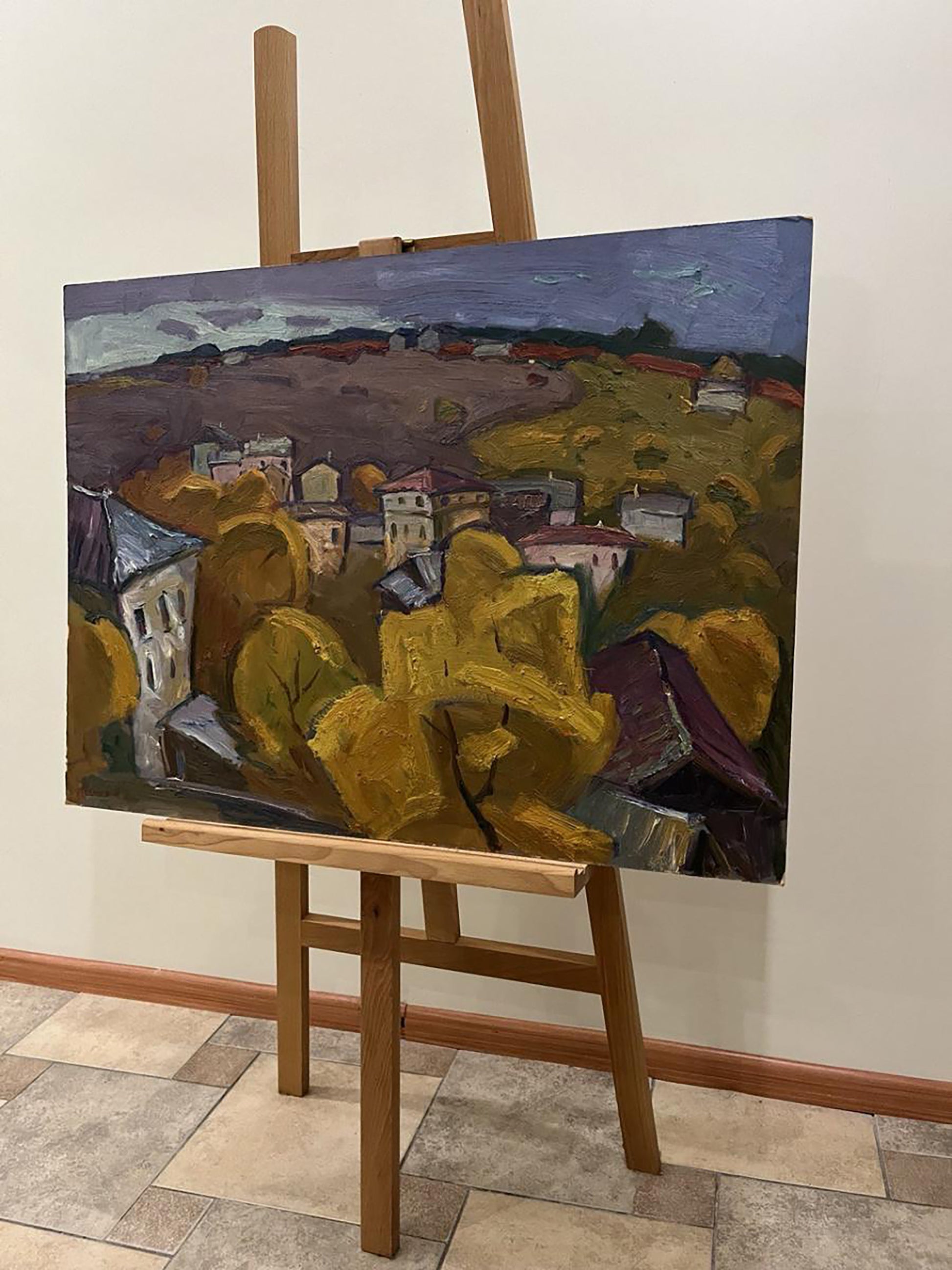 Oil painting Autumn Trees by Oleksandr Andreev, vibrant village scene