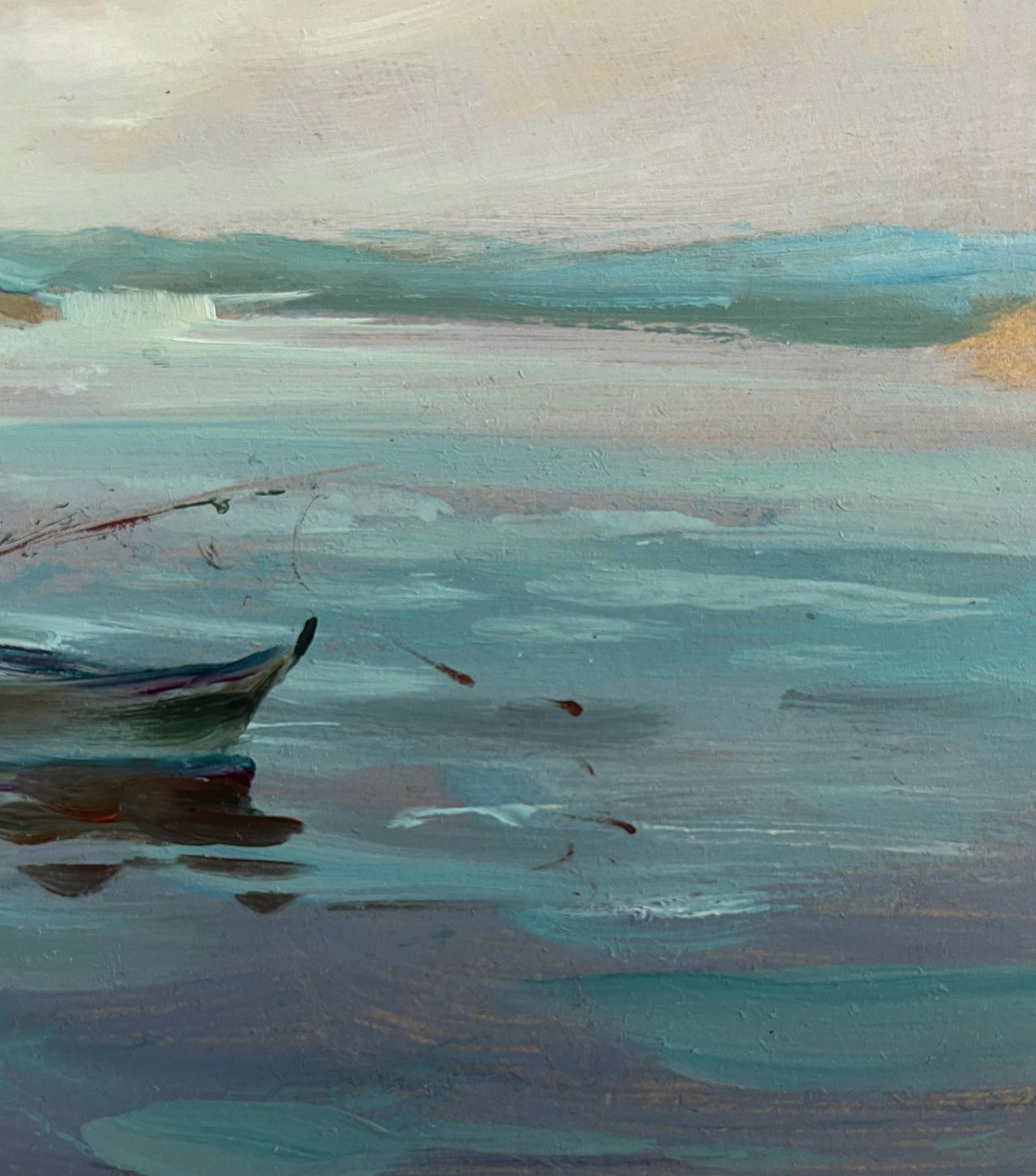 Oil painting of quiet summer fishing boat by Yuriy Suprunchuk