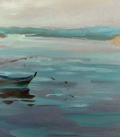 Oil painting of quiet summer fishing boat by Yuriy Suprunchuk