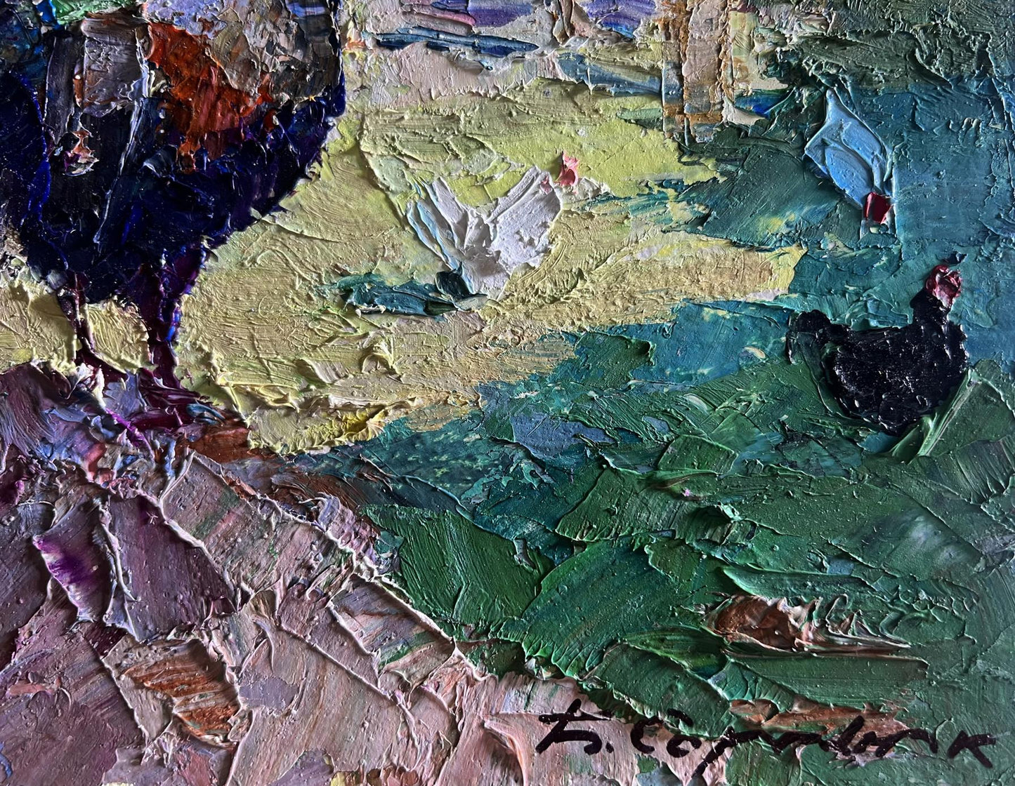Oil painting Master of the Yard by Boris Serdyuk in textured greens and blues