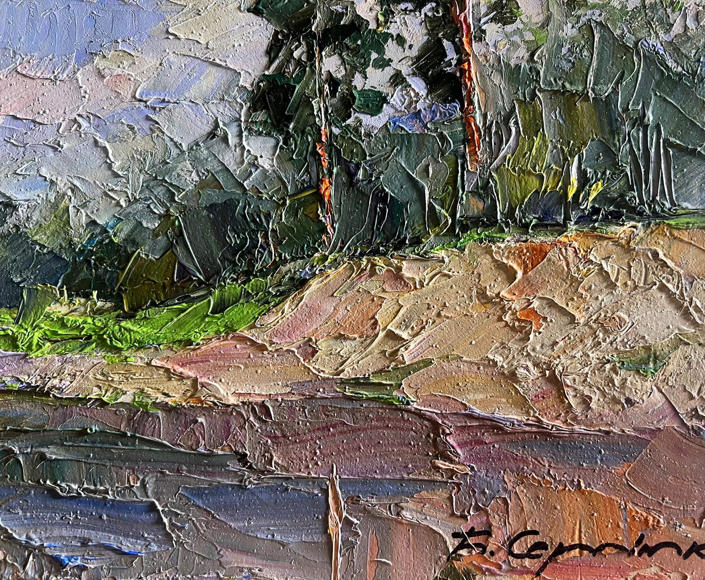 Impasto oil painting Sand cliff by the river by Boris Serdyuk