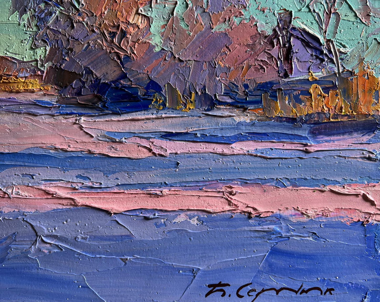 Oil painting Pink morning in winter by Boris Serdyuk, textured blue pink purple landscape
