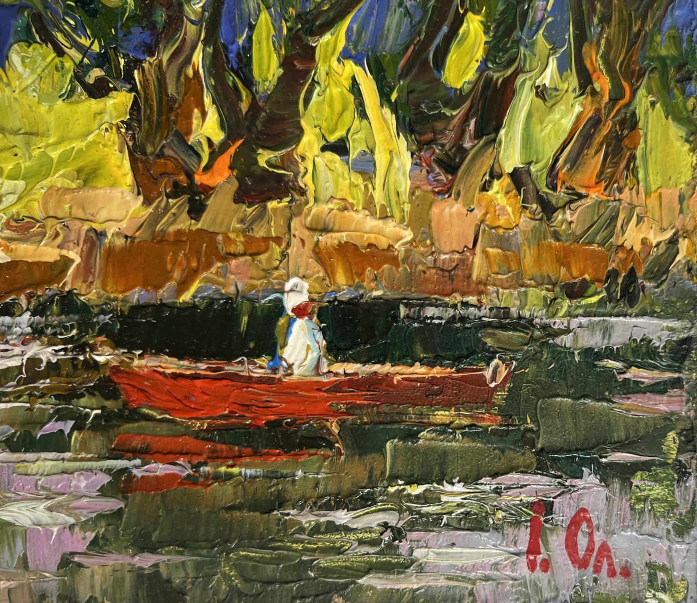 Vibrant impressionist oil painting of red rowboat by Oleksiy Ivanyuk