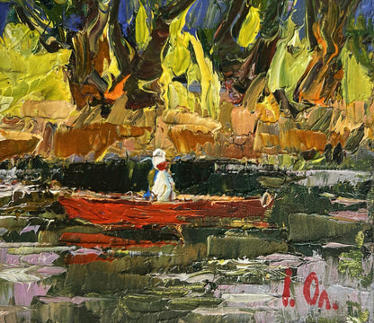 Vibrant impressionist oil painting of red rowboat by Oleksiy Ivanyuk
