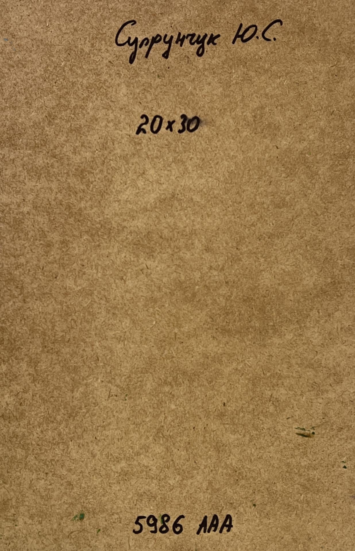 Back of Yuriy Suprunchuk oil painting with brown textured paper, Cyrillic text, printed dimensions