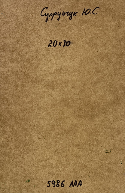 Back of Yuriy Suprunchuk oil painting with brown textured paper, Cyrillic text, printed dimensions