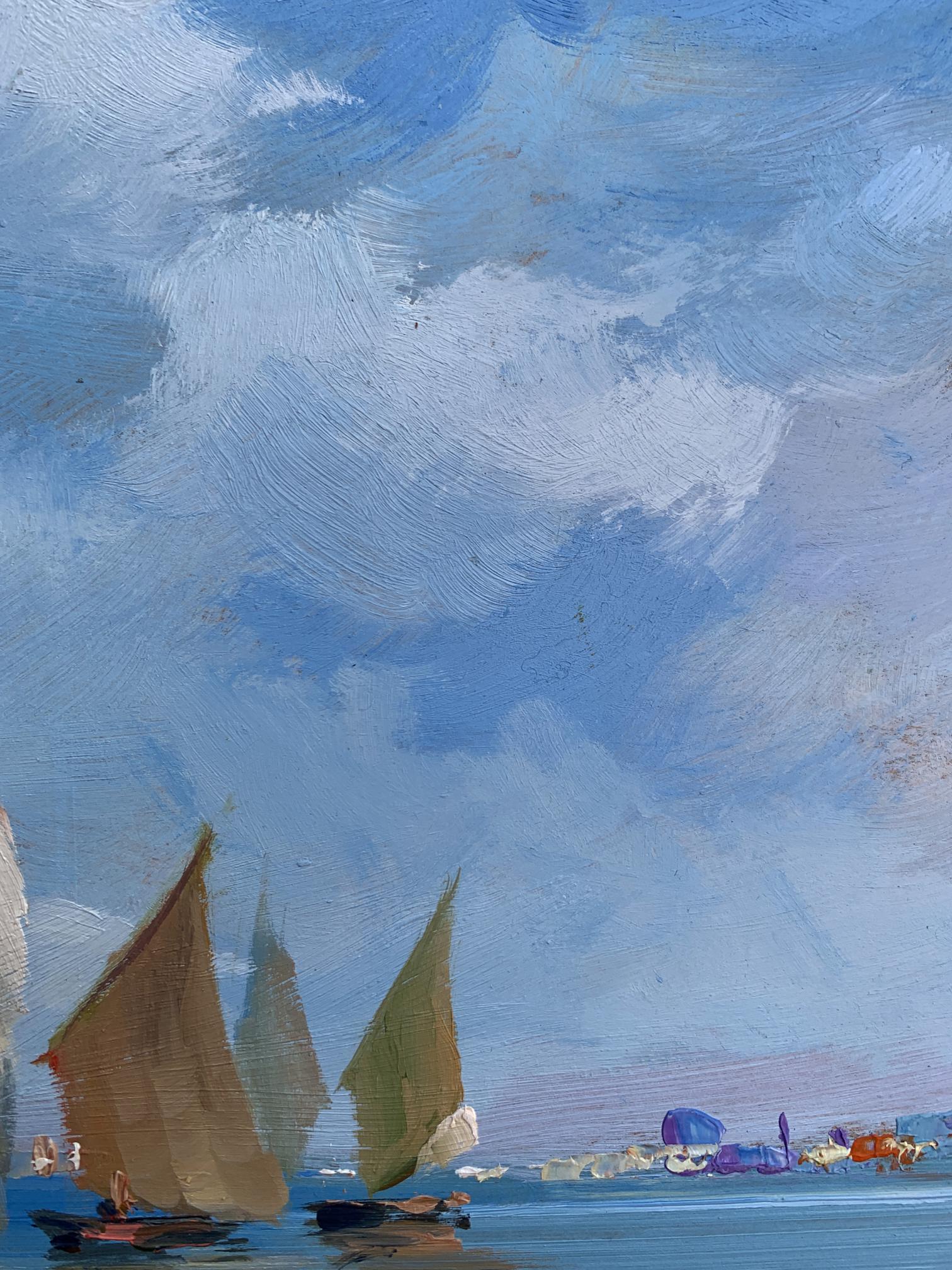 Serene oil painting of sailboats at sea by Yuriy Suprunchuk
