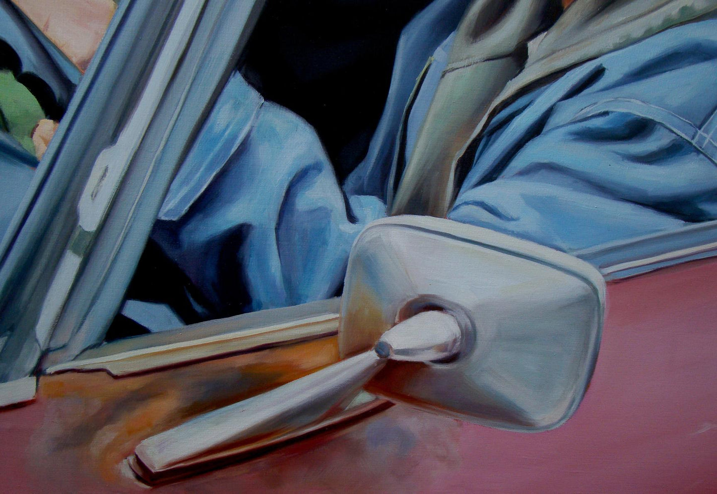 Silver rectangular car side mirror in Eminem and friends oil painting by Yulia Lihina