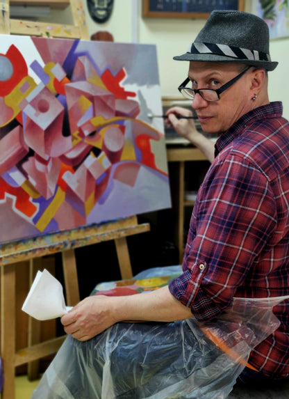 Vibrant abstract oil painting by Sergiy Voichenko with smoking pipe, bold geometric shapes