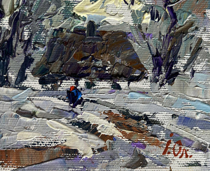Oil painting Winter morning in the village by Oleksiy Ivanyuk rocky landscape