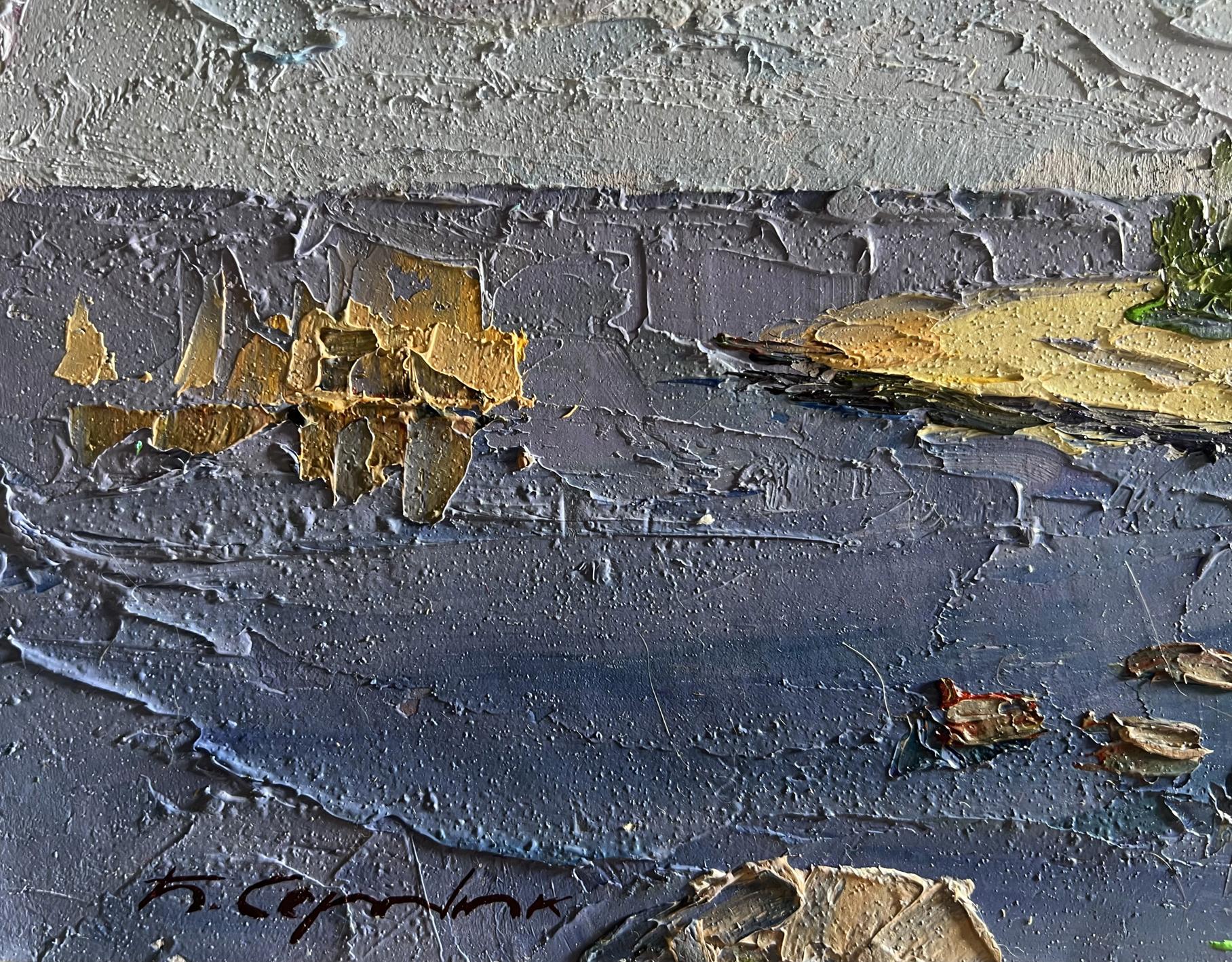 Oil painting Summer day by the shore by Boris Serdyuk, textured blue-gray impasto with gold