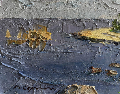 Oil painting Summer day by the shore by Boris Serdyuk, textured blue-gray impasto with gold