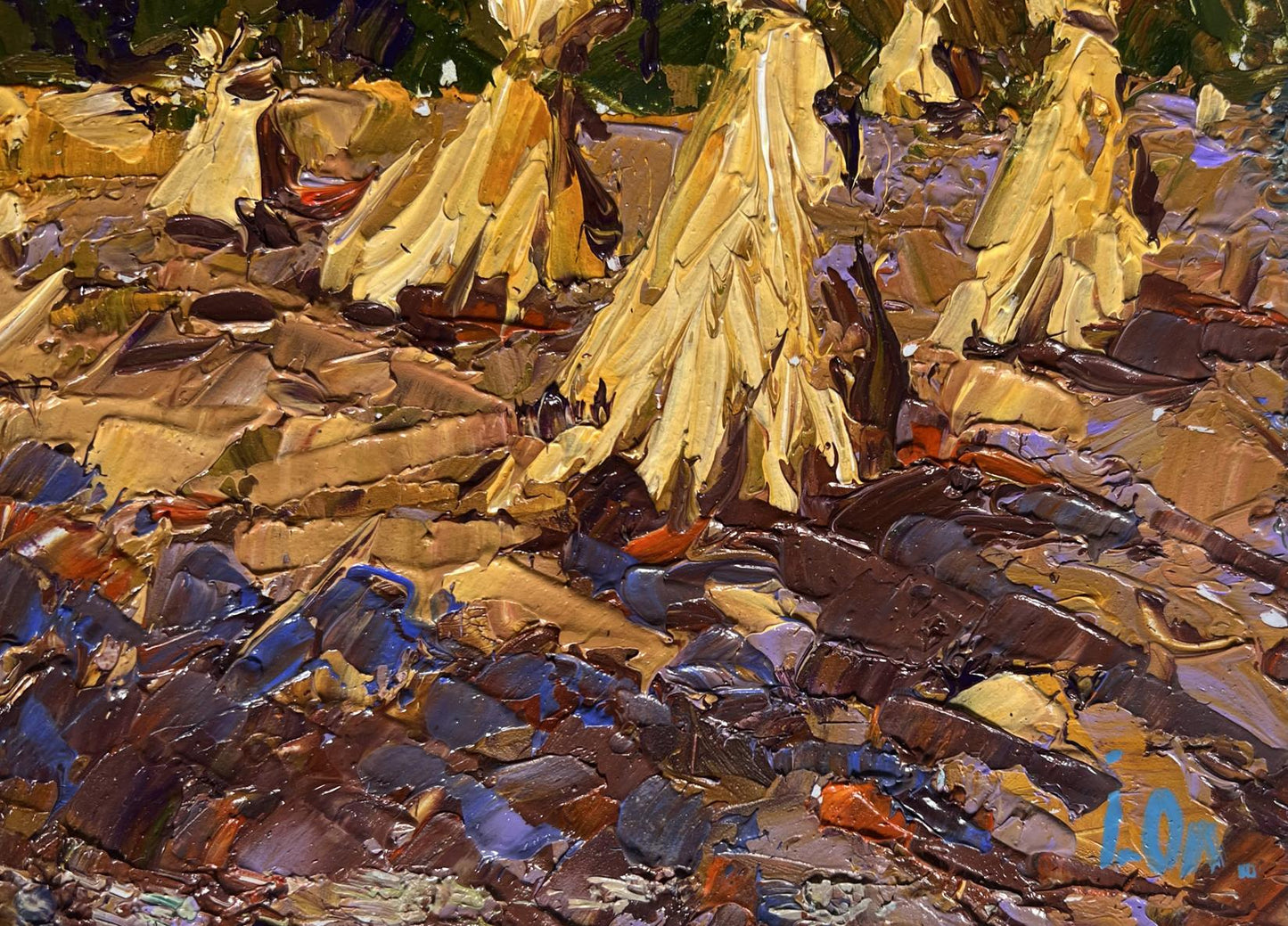 Impasto oil painting of golden cornstalks and haystacks in fields by Oleksiy Ivanyuk