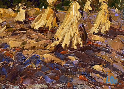 Impasto oil painting of golden cornstalks and haystacks in fields by Oleksiy Ivanyuk