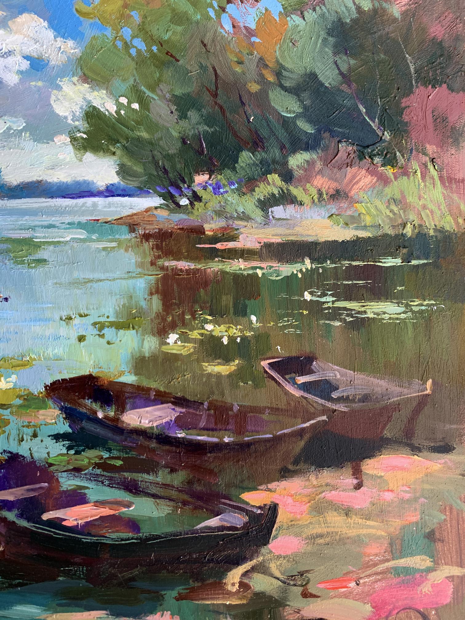Oil painting Boat trip by Yuriy Suprunchuk: three rowboats in calm water