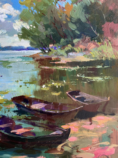 Oil painting Boat trip by Yuriy Suprunchuk: three rowboats in calm water