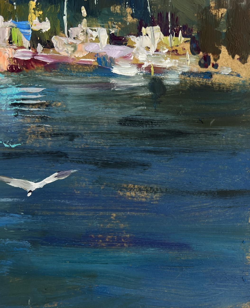 White seagull in flight over impressionistic blues and greens, Yuriy Suprunchuk oil painting