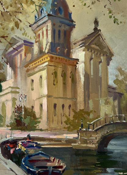 Oil painting of city river heart by Yuriy Suprunchuk with columns domes