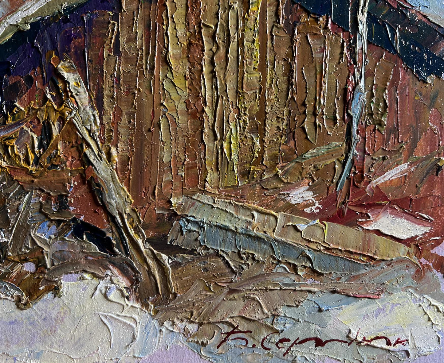 Impasto oil painting It snowed in the city by Boris Serdyuk, textured brown red gold