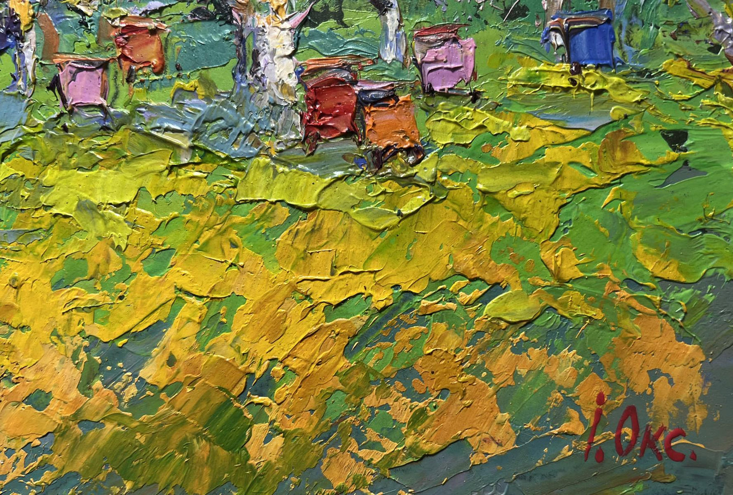 Vibrant impressionist oil painting Spring apiary by Oksana Ivanyuk