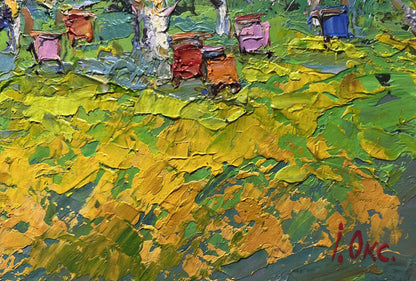Vibrant impressionist oil painting Spring apiary by Oksana Ivanyuk