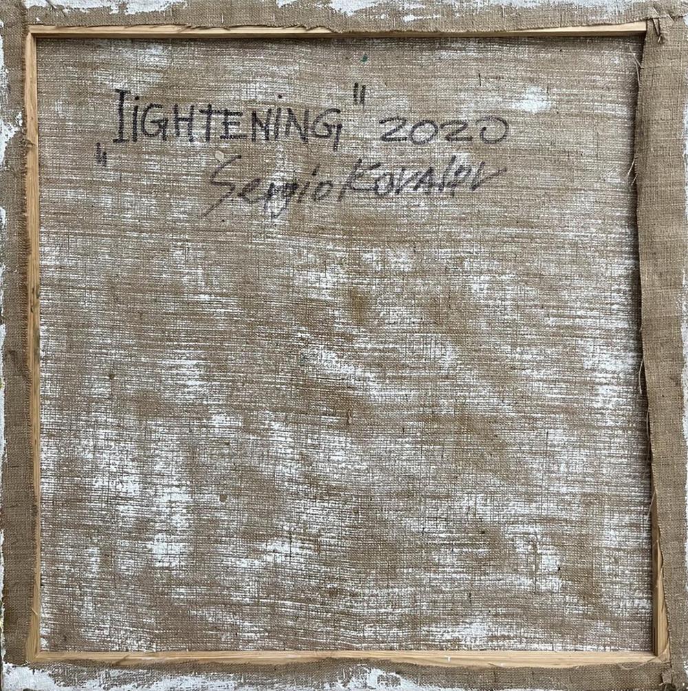 Back of oil painting Lightening by Serhiy Kovalev, 2020 on burlap