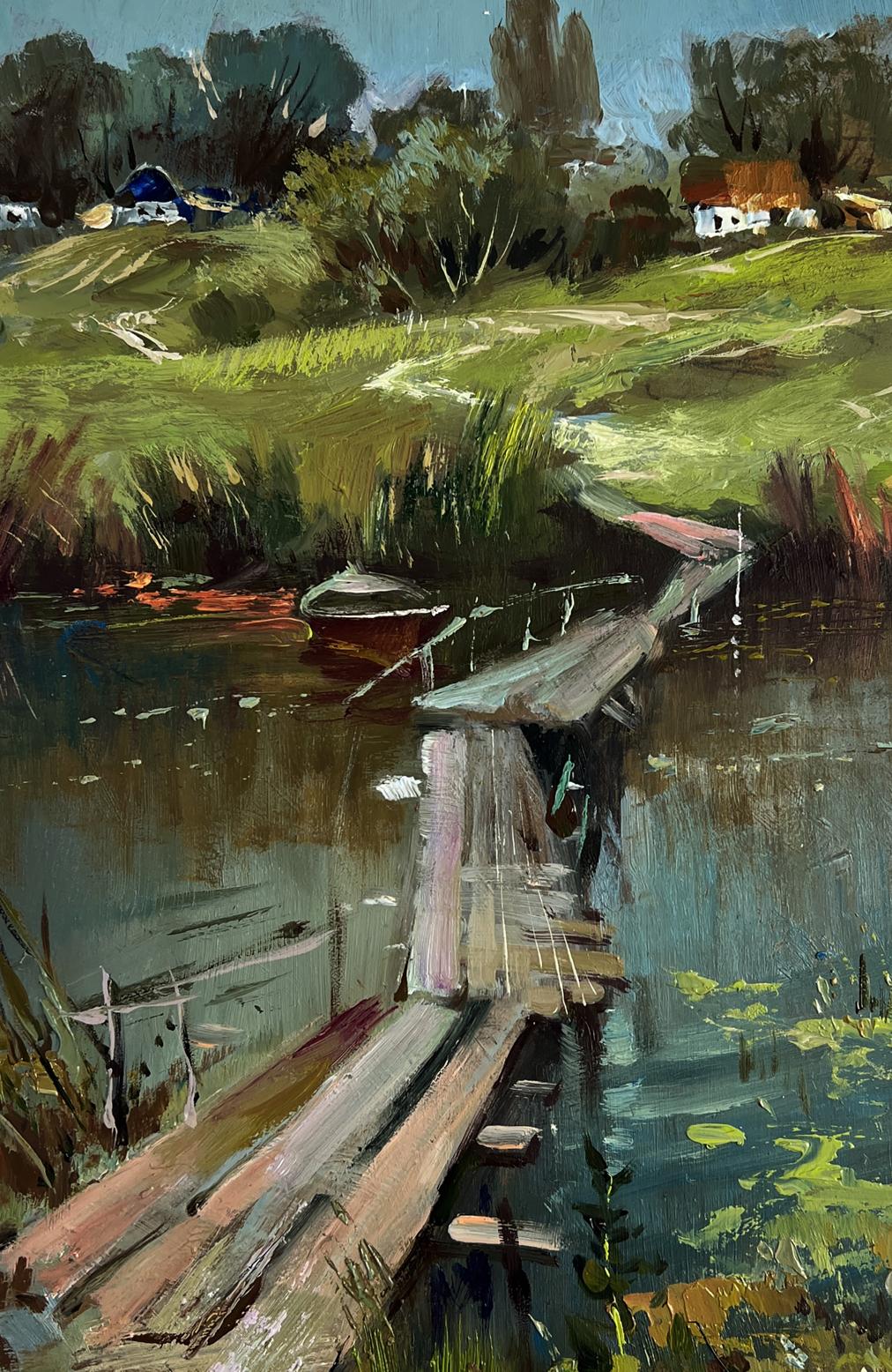 Oil painting of weathered dock and boat by Yuriy Suprunchuk
