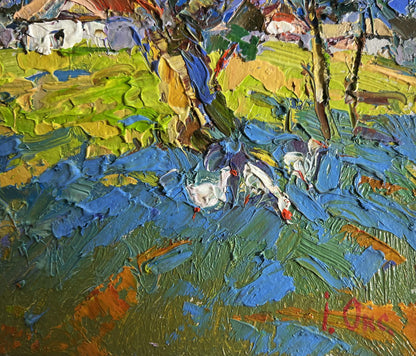 Vibrant impressionist oil painting of geese behind trees by Oksana Ivanyuk
