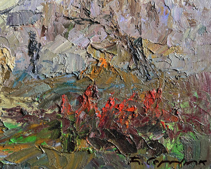 Oil painting Autumn morning fog by Boris Serdyuk, red green foliage
