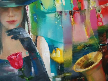 Abstract Evening Blues oil painting by Anatoly Tarabanov with woman in black gloves holding red rose
