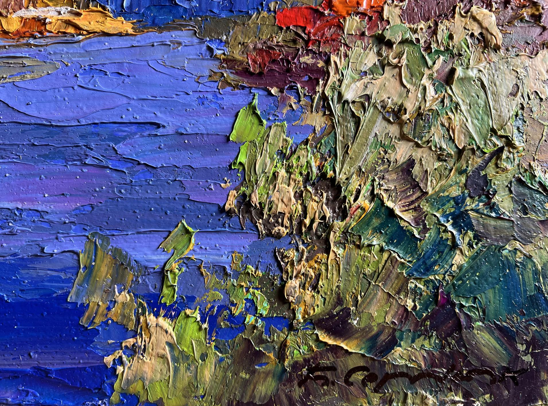 Textured impasto oil painting Evening on the River by Boris Serdyuk