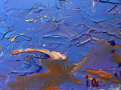 Oil painting Walk on a winter evening by Oleksiy Ivanyuk, textured blue orange impasto