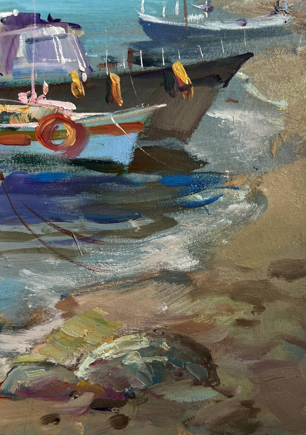 Vibrant impressionist oil painting of boats, lighthouse by Yuriy Suprunchuk