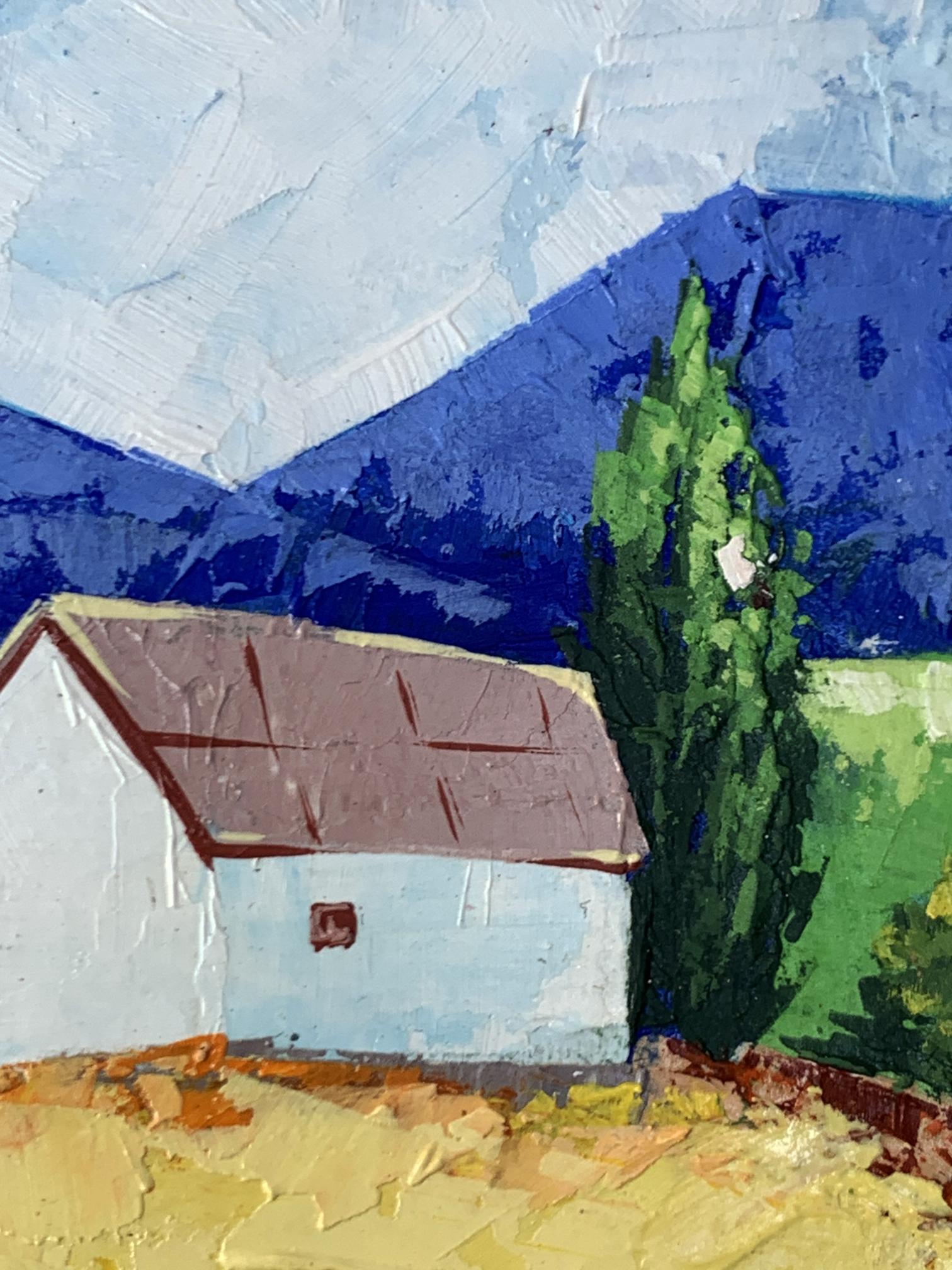Oil painting of white barn by V. Zadorozhnya with mountains and trees