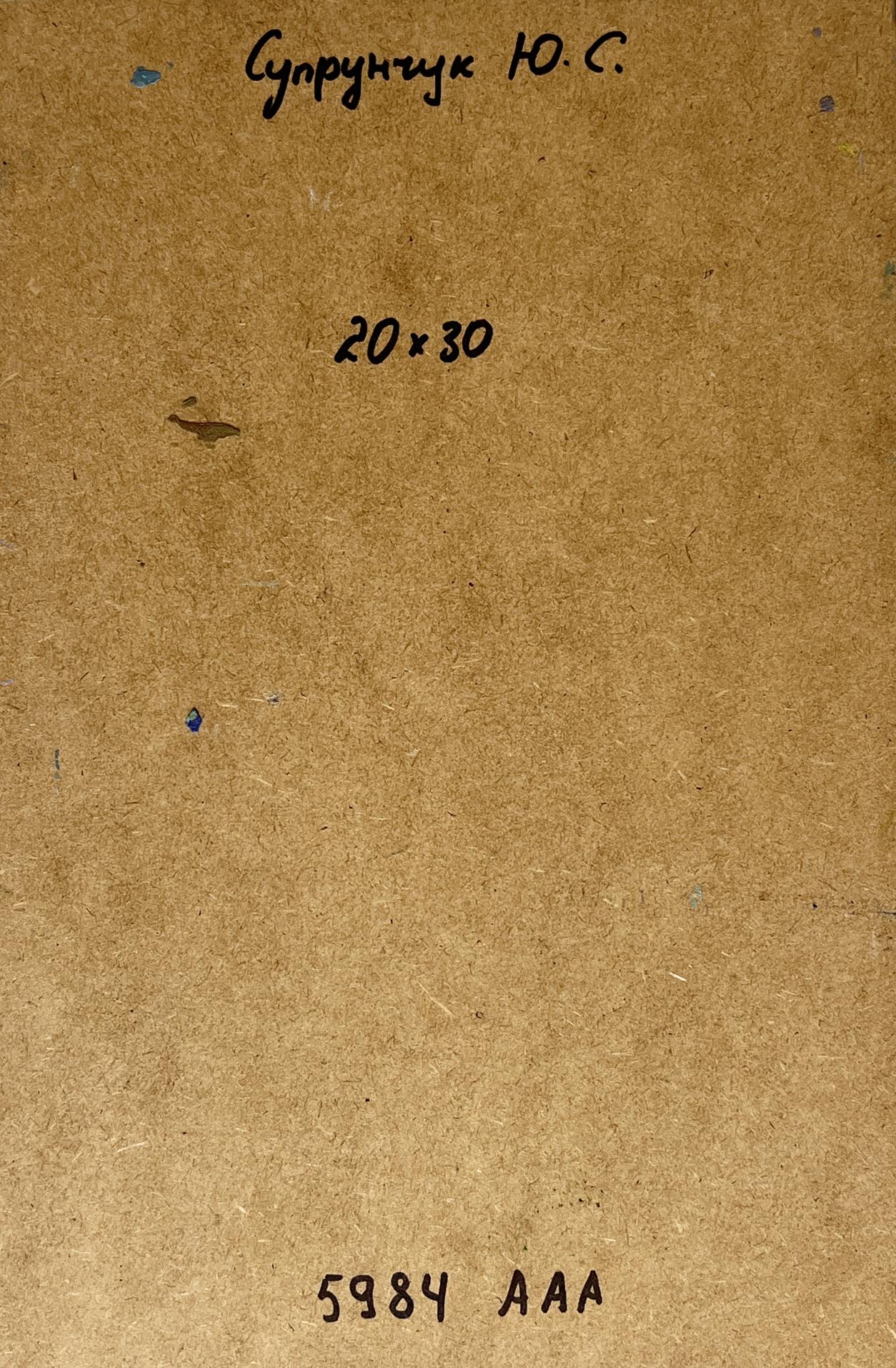 Back of Yuriy Suprunchuk oil painting Country house with brown cardboard handwritten markings and stamped numbers