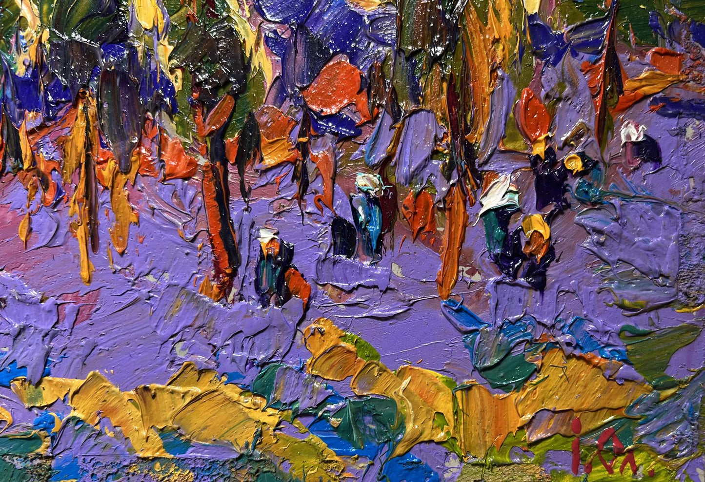 Vibrant impressionist oil painting of yellow sunset behind trees by Oleksiy Ivanyuk