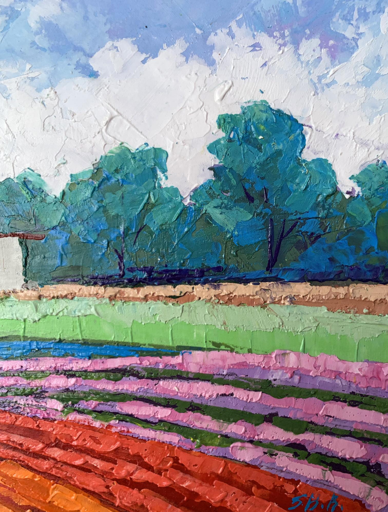 Oil painting of house among trees by V. Zadorozhnya with pink orange flowers