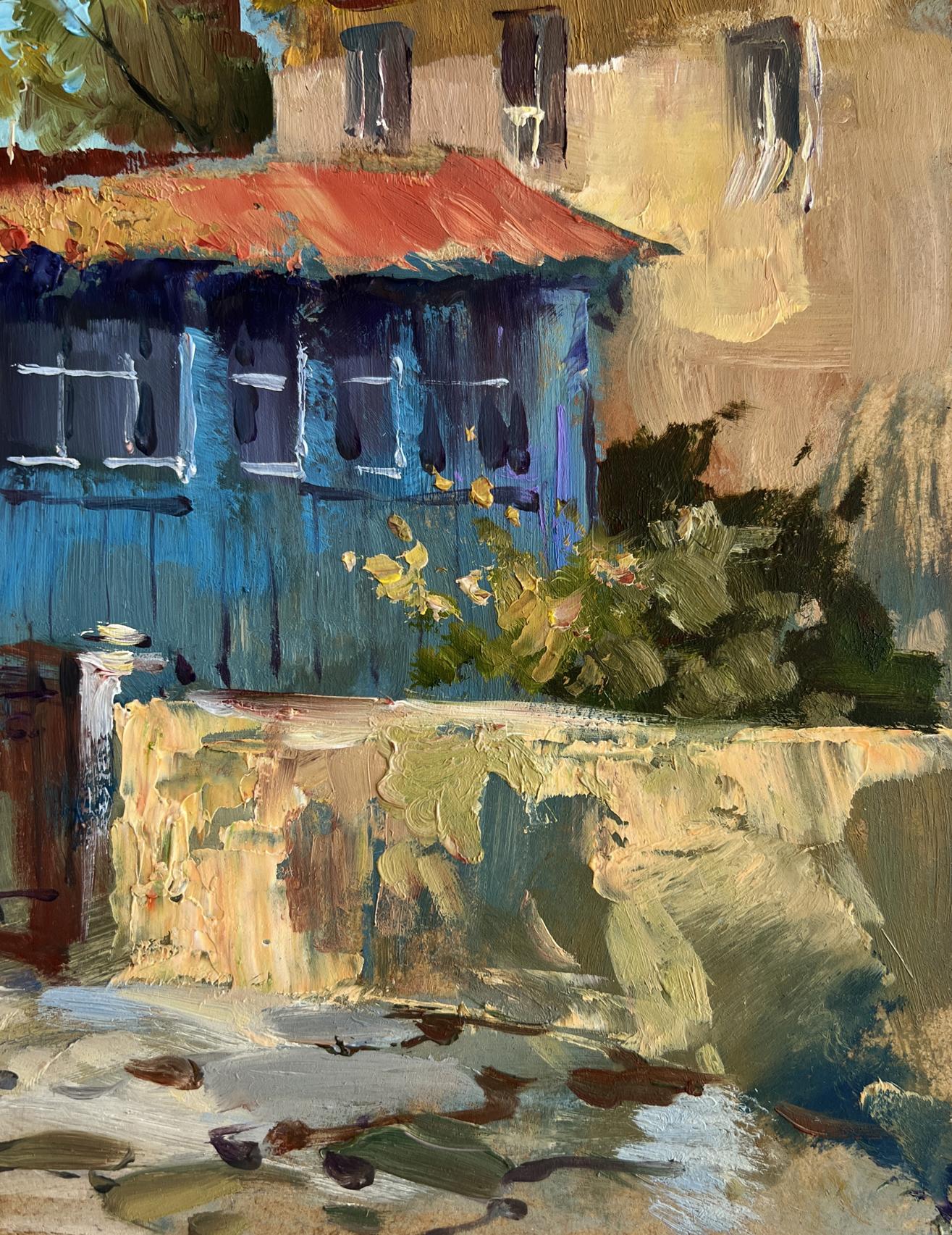 Oil painting Warm wind on the streets by Yuriy Suprunchuk: vibrant blue building
