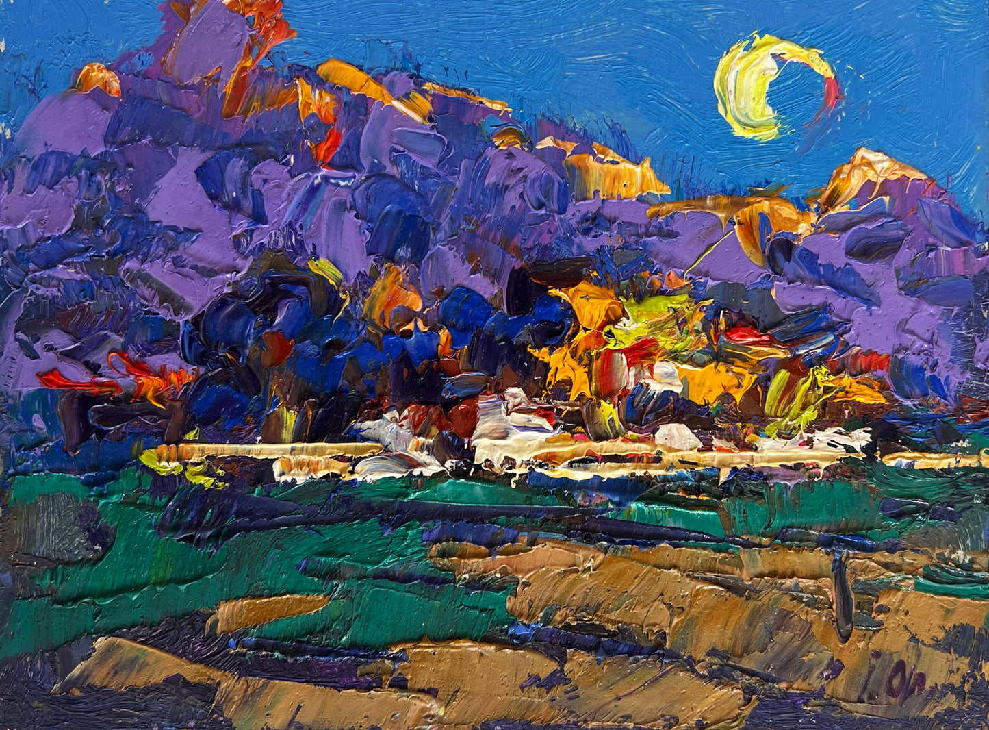 Vibrant impressionist landscape by Oleksiy & Oksana Ivaniuk with purple, orange, blue strokes, crescent moon