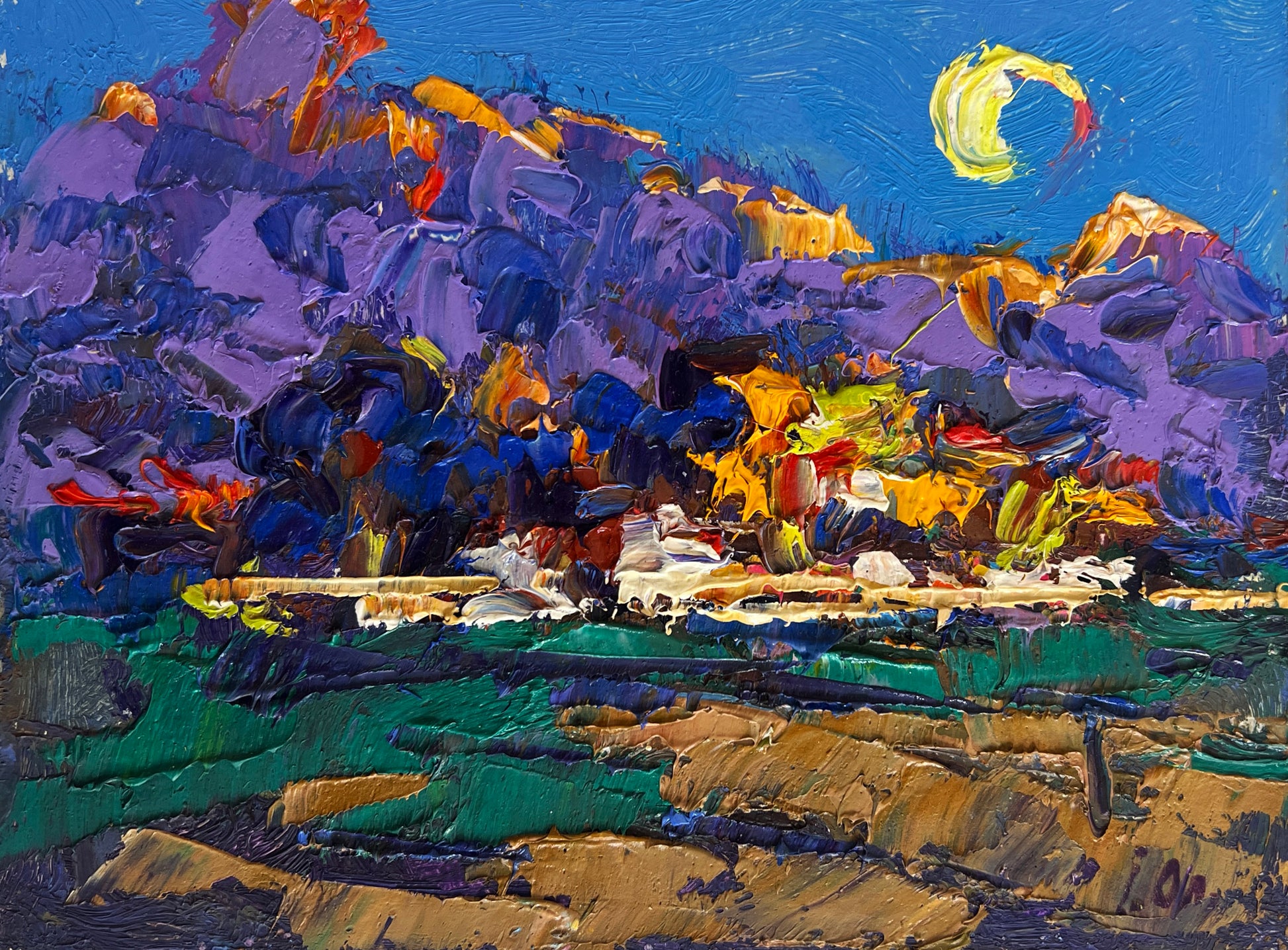 Vibrant impressionist landscape by Oleksiy & Oksana Ivaniuk with purple, orange, blue strokes, crescent moon