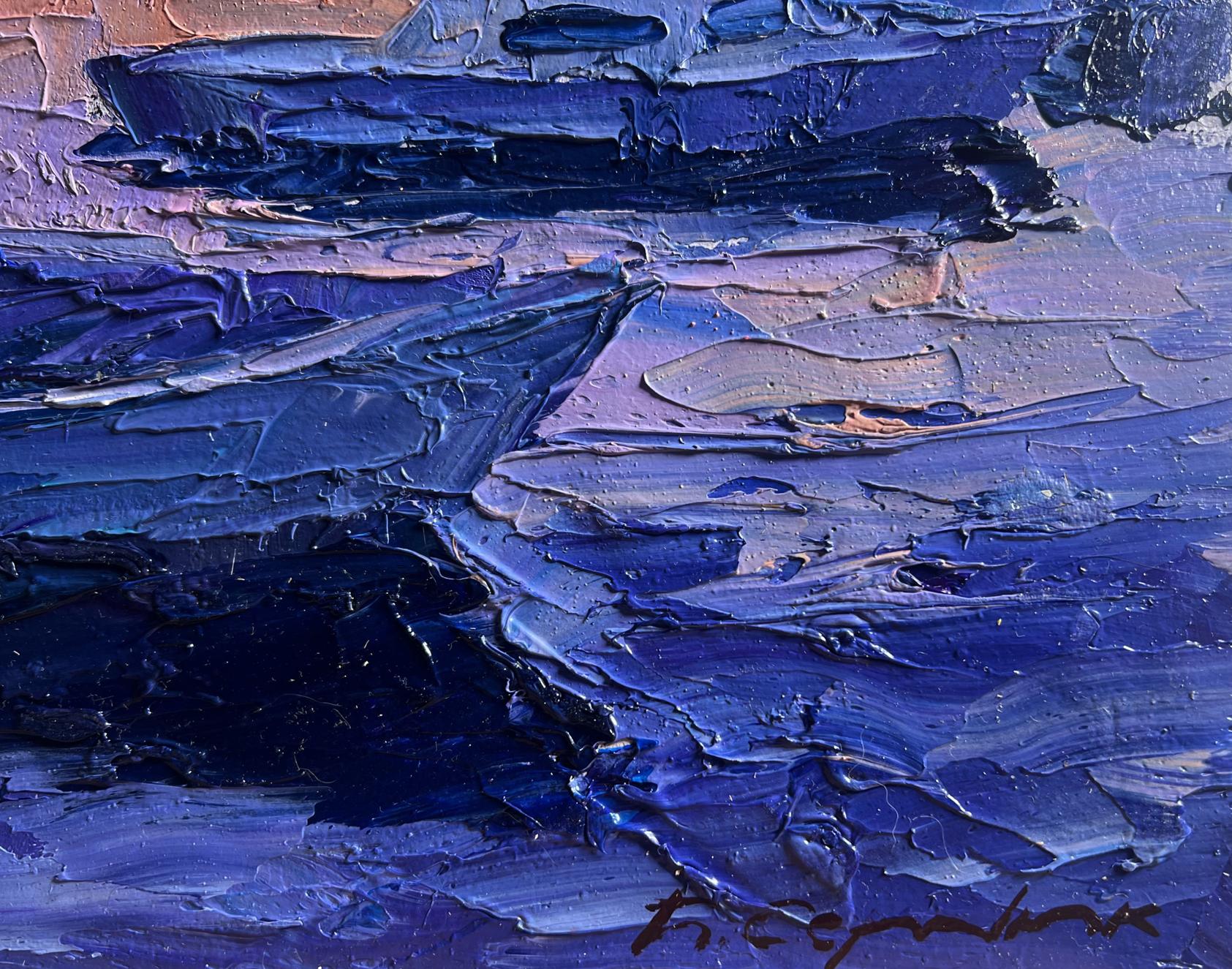 Oil painting Romantic evening by the river by Boris Serdyuk, textured blues and purples