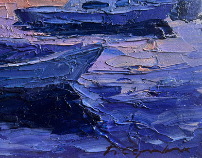 Oil painting Romantic evening by the river by Boris Serdyuk, textured blues and purples