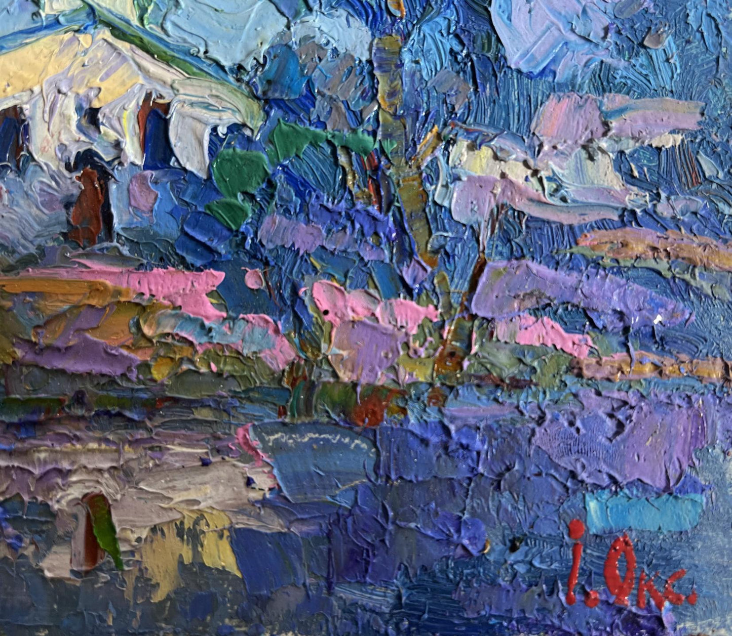 Vibrant oil painting Early in the morning at church by Oksana Ivanyuk