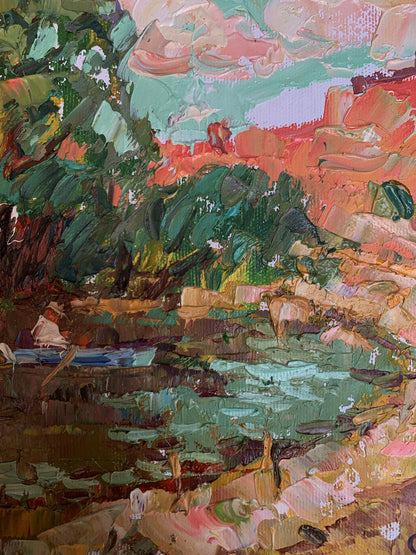 Vibrant impressionist oil painting on blue boat by Oleksiy Ivanyuk