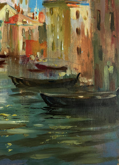 Oil painting Dream of Venice by Yuriy Suprunchuk: textured gondolas on canal