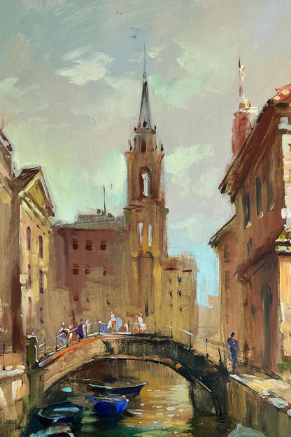 Oil painting of busy Venice streets by Yuriy Suprunchuk with church tower
