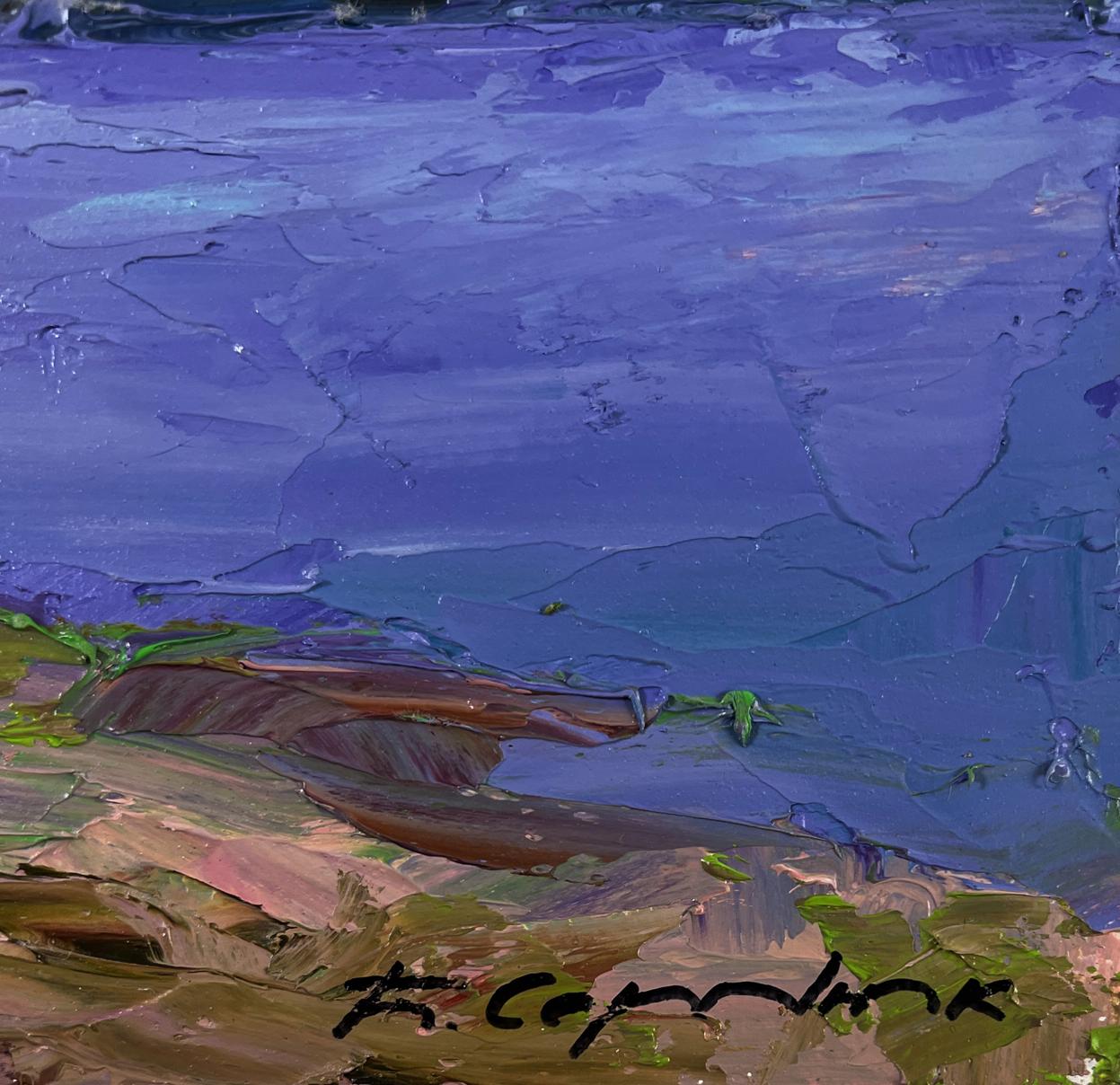 Oil painting Silent drift on river waves by Boris Serdyuk, purple sky and earthy foreground