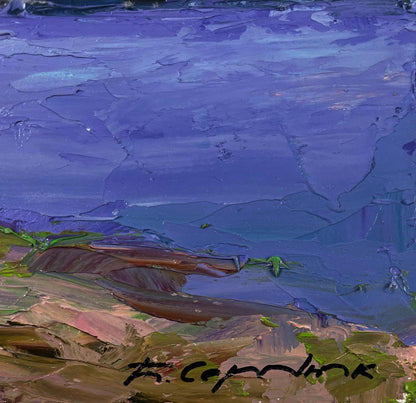 Oil painting Silent drift on river waves by Boris Serdyuk, purple sky and earthy foreground