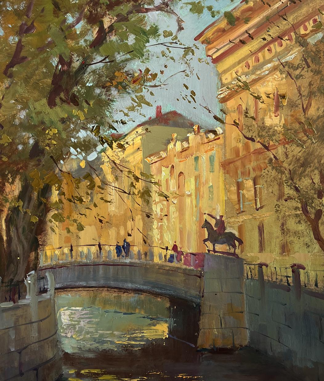 Bronze equestrian statue on stone bridge oil painting by Yuriy Suprunchuk