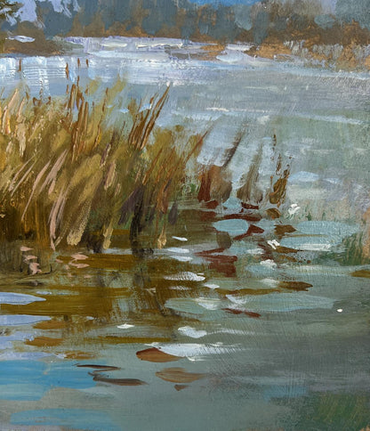Oil painting Summer journey along river by Yuriy Suprunchuk: golden reeds in icy water